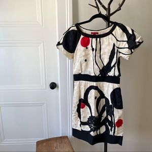 Cotton/Silk Vivienne Tam abstract floral cocktail dress in red ivory and black
